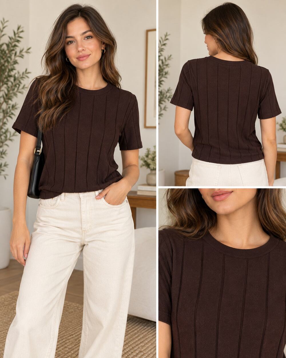 House of Harlow 1960 Ribbed Knit Top S Chocolate Brown Short Sleeve Minimalist